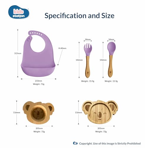 Image of Kids Station Koala Design 5-Piece Silicone Feeding Set for Babies | BPA-Free, Includes Suction Plate, Bowl, Spoon, Fork & Bib | Ideal for Infants & Toddlers (Set of 5 Koala Feeding Set, Purple)