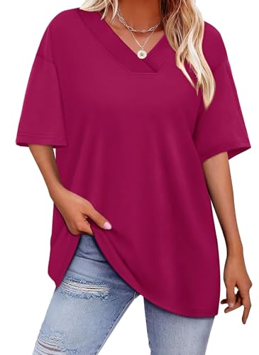 WIHOLL Valentines Day Shirts for Women Summer Tops 2026 Short Sleeve Blouses V Neck Spring Outfits Going Out Casual Date Night Hot Pink 2XL