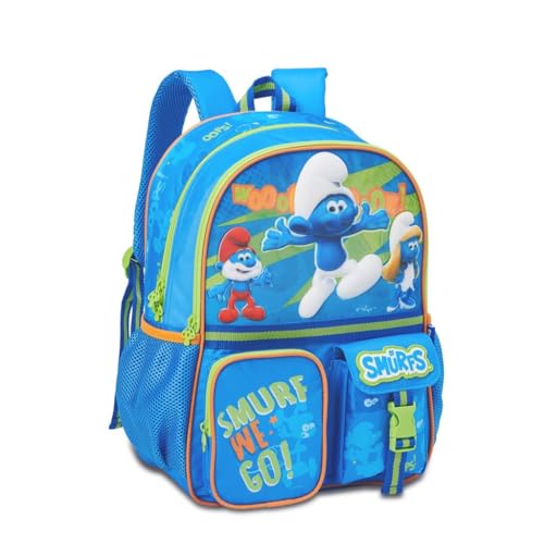 Mochila Escolar Infantil Smurfs, Azul, 40x30x12cm, com Compartimentos Múltiplos e Bolsos Laterais