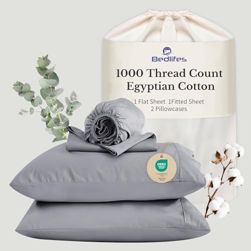 Image of Bedlifes 1000TC Egyptian Cotton Queen Sheets, 4Pcs, 16 inch Deep Pocket | Cooling & Breathable, Ultra Soft, Hotel Comfort, Sateen Weave, OEKO-TEX Certified, Easy-Care Machine Washable
