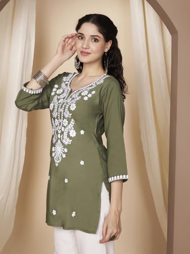 Image of Short Kurti for Women for Jeans, Chikankari Kurtis for Ladies, Lakhnavi V- Neck Women's Tunic Design Kurta, Floral Kurtas & Tunics for Woman