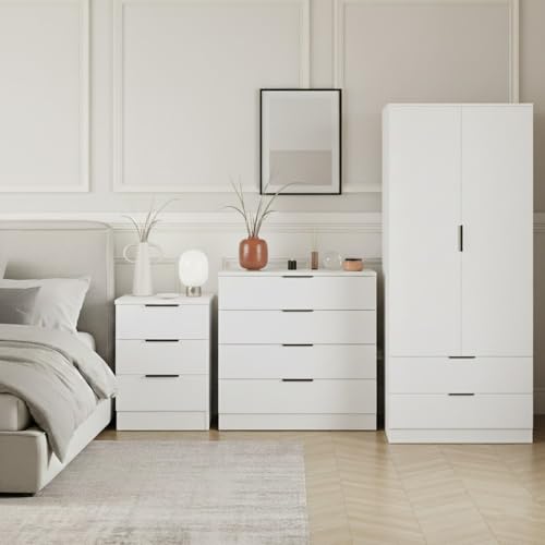 Vida Designs Trega 3 Piece Bedroom Set (3 Drawer Bedside Chest, 4 Drawer Chest, 2 Door 2 Drawer Wardrobe) White