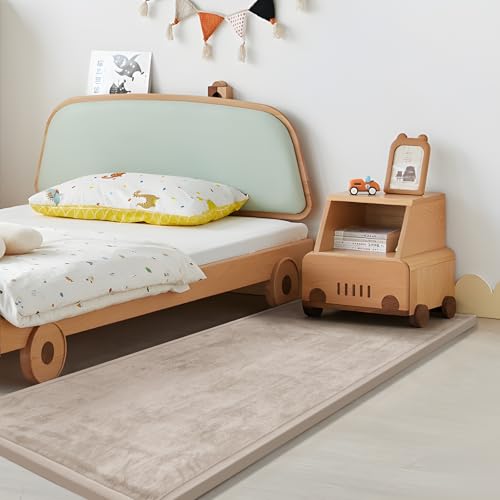 Image of Play Mat for Babies Toddlers,1.3 inch Thick Elasti-Foam Anti-Fall Cushion Mat for Kids Room,28x72 Bedroom Bedside Rugs,Water-Repellent Soft Coral Velvet,Non-Slip(Beige)