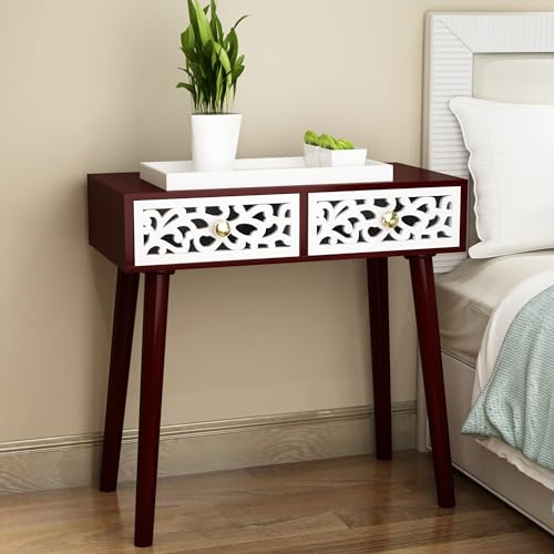 Image of Bed Side Engineered Wood Table With 2-Drawer Nightstand, Accent Or End Table With Storage With Carving Design (White)