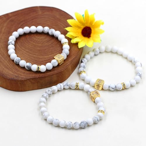 Image of Inlaid Zircon 12 Constellation Adjustable Stretch Bracelet - 6mm Frosted White Turquoise Beaded Bracelets for Women Men SJYA4647