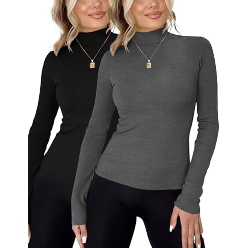 Rapbin Womens Long Sleeve Mock Turtleneck Tops Knit Basic Stretch Fitted Pullover Lightweight Thermal Shirts Small A-black/Apricot 2pack