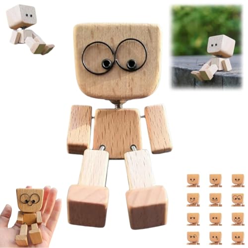 Schüttelnde Holzmann-Figur,Charmante kleine Holzfigur,die mit 12 magnetischen Ausdrücke schwankt,handgefertigte Actionfigur als Auto-Ornament,lustige Wackelkopf-Auto-Armaturenbrett-Dekors
