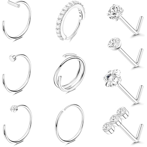 JYNXOR 10Pcs Anillo Piercing Nariz aro Plata 20G L Piercing Septum Nostril Quirurgico Delgado Pequeño Anillo Nariz Doble Aro Anillos Piercing Nariz Acero Quirúrgico para Mujer Hombre