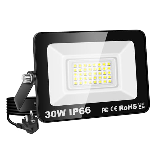 SKYWORLD 30W Foco LED Exterior, 3000LM Luz led Exterior con enchufe, Impermeable Foco Proyector LED, 6000K Blanco Frío Floodlight Iluminación de Seguridad para Jardín, Patio, Terraza, Garaje