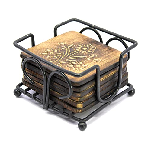 Image of StonKraft Wooden Tea Coffee Coasters /Rustic Vintage Look Coasters Set with Wrought Iron Holder