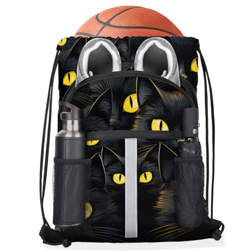 Black Cat Drawstring Backpack Waterproof String Bag Sackpack Boho Modern Cinch Sack for Traveling Gym Sports with Mesh Pockets3