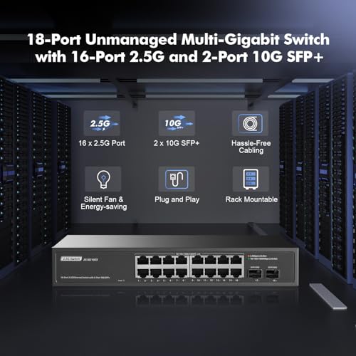 Image of 16 Port 2.5G Switch with 2x10G SFP+, 16 x 2.5G Ethernet Base-T Ports, YuLinca Multi-Gigabit Fanless Unmanaged Plug & Play Rackmount Switch
