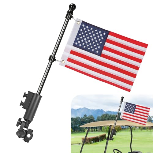 Golf Cart Flag Pole with Flag Holder Mount Kit,Fit for Yamaha,Club Car,EZGO Golf Cart,Golf Push Cart,Boat,Bike,Heavy Duty Aluminium Alloy Base Windproof Black Mounting Bracket Included USA Flag
