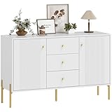 HOMCOM Aparador Moderno de 2 Puertas, Aparador de Salón con 3 Cajones, Estantes Ajustables, Encimera con Efecto Mármol, Patas de Acero, para Cocina, Entrada, Dormitorio, Blanco, 120x39,1x76 cm