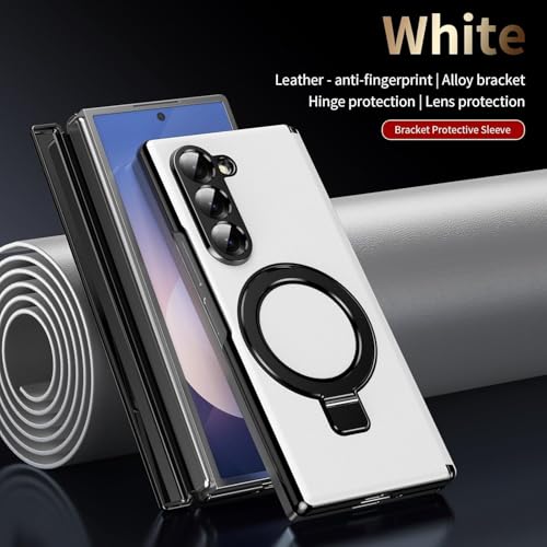Image of TechTrendz Shockproof Front Glass Premium Luxury Leather Cover Compatible with Samsung Galaxy Z Fold 6 Case with 360 Rotation Adjustable Stand, Phone Case for Z fold 6 Back Cover (White)