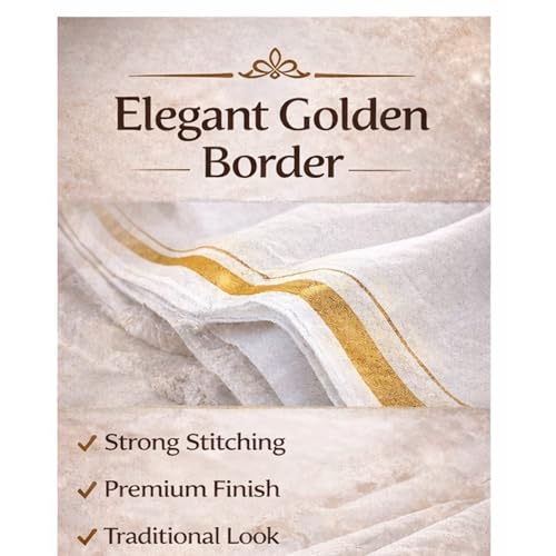 Image of Success Stationery White Dhoti for Men Cotton with Golden Zari Border | Lungi for Men Cotton | South Indian Veshti Pancha Panche | Kerala Mundu | 2 Meter | Single Layer Daily Wear Pooja Wedding