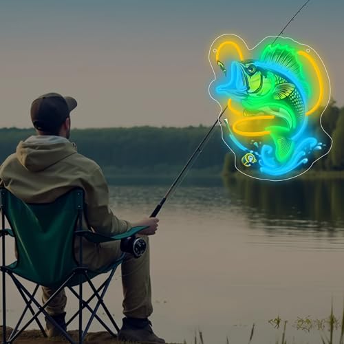 Image of Fishing Neon Sign with UV Printed Backboard, LED Neon Light for Bar, Fishing Room, Man Cave, Garage, Game Room, Nautical Wall Decor