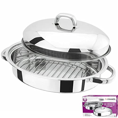 Prima Kitchenware Bräter aus Edelstahl, oval, 32 cm, mit abnehmbarem Gestell, zum Kochen und Backen, stabile Griffe