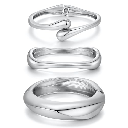 3Pcs Chunky Gold Bangle Bracelets for Women Trendy 14K Silver Plated Cuff Bracelets Stack Dainty Silver Bracelet Sets Non Tarnish Fashion Jewelry Gift