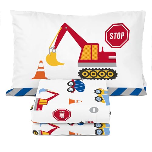 Image of Sunny Side Up Construction Zone Toddler Sheet Set - 3 Piece Toddler Bedding Set Includes Pillow Cover - Super Soft Trucks Microfiber Sheets