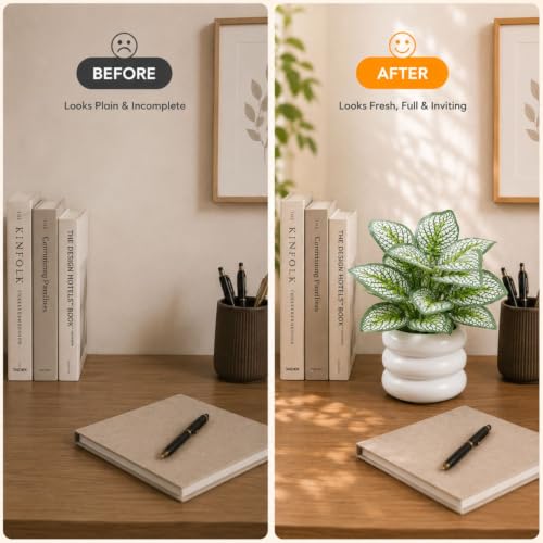 Image of Artificial Fittonia Nerve Plant in White Ceramic Pot, Realistic Faux Potted Desk Plant, Low Maintenance Small Fake Tabletop Greenery for Office, Living Room & Home Decor