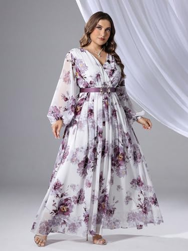 Image of Spring Summer 2024 Plus Size Womens Dresses V Neck Casual Elegant Long Sleeve Floral Print Maxi Dress