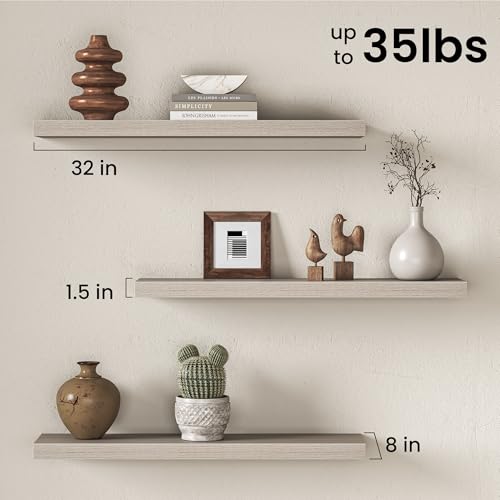 Image of Fun Memories 32Inch Floating Shelves for Wall, 8 Inch Deep Shelves for Bathroom|Bedroom|Kitchen Wall Mounted, Wood Hanging Shelf with Invisible Brackets for Home Storage Decor, Grey - 2 Pack
