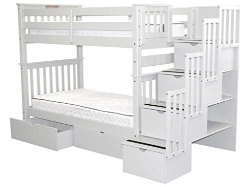 Bedz King Tall Stairway Bunk Beds Twin Over Twin With 4 Drawers In The Steps And 2 Under Bed Drawers, White #TOP4
