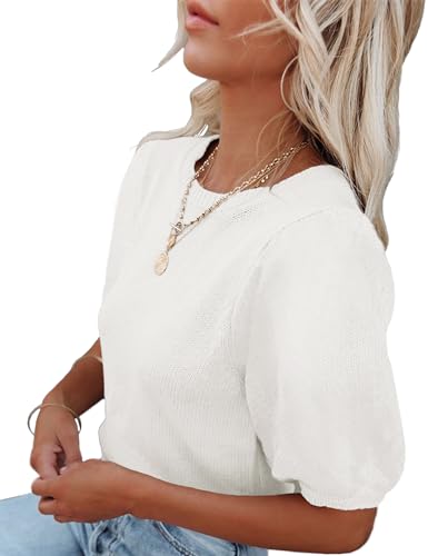 Image of Womens Short Sleeve Sweaters Crewneck Knit Pullover Tops 2025 Summer Casual Lightweight Crochet Blouse Shirt
