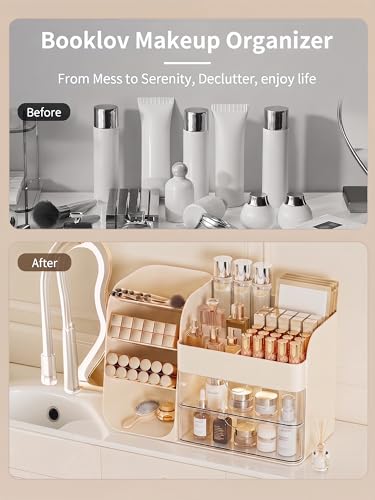 Image of Booklov Small Makeup Organizer for Vanity and Bathroom Countertop, Cream | Clear Acrylic Cosmetic Display Case, Beauty Brush Holder for Dresser Counter Skincare Eyeshadow Lipstick Perfume Storage