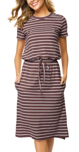 Image of Simier Fariry Womens Summer Hide Belly Knee Length Travel Dress Pocket Short Sleeve Midi Work Casual Outfits