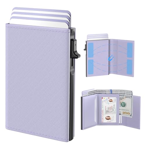 typecase Womens Wallet Card Holder: Pop Up Card Case, Genuine Leather, RFID Blocking, Slim, Minimalist, Thin, Small Size - 9-14 Card Capacitiy, ID Window, Cash Pocket (Ligtht Purple)