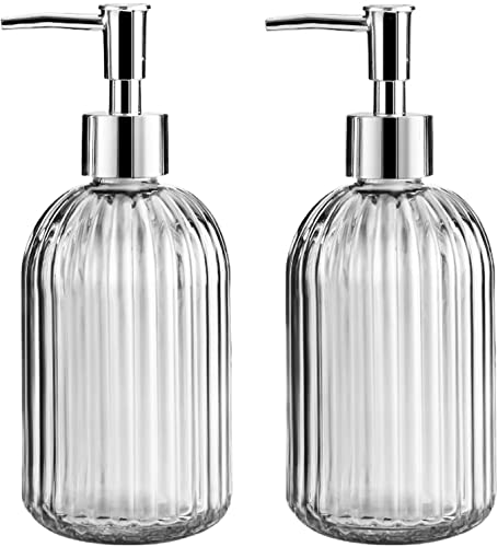 2PC Glass Soap Dispenser Bathroom 14oz Glass Jar Soap Dispenser with Stainless Steel Pump Liquid Soap Dispenser for Countertop Kitchen Bathroom (Clear)