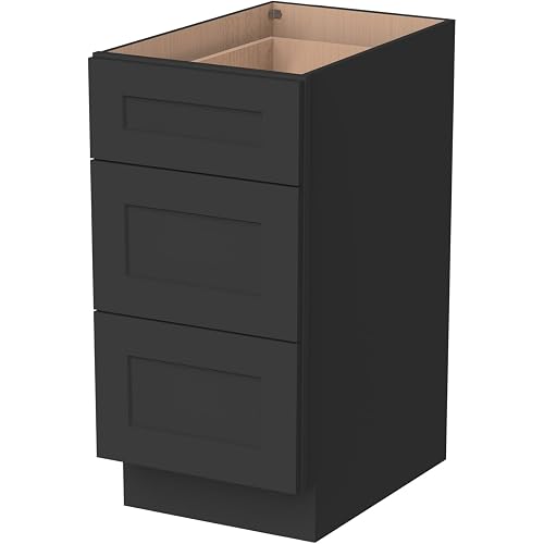 Shaker Style 3-Drawer Base Cabinet – Solid Wood Frame & Plywood Panels, Soft-Close Full-Extension Glides, RTA Kitchen Storage Cabinet for Renovation (Charcoal Black, 15" W x 24" D x 34.5" H)
