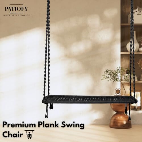 Image of Patiofy Double Seater Plank Swing for Adults | Indoor and Outdoor Use | Jhula for Adults | Hanging Kit Included | Weight Capacity - 150 Kg - Black