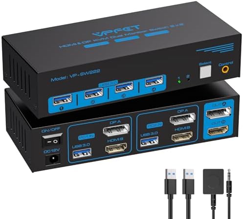 VPFET 8K60Hz HDMI Displayport KVM Switch 2 PC 2 Monitore 4K120Hz Dual Monitor KVM Switches für 2 PC Teilen Sich 2 Monitore und 4USB 3.0 Unterstützung Kopieren und Erweitern Modus