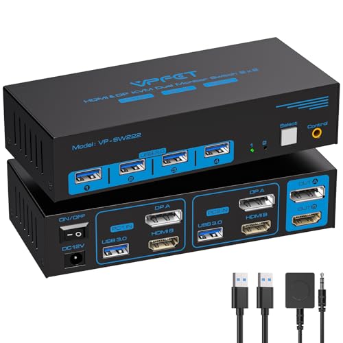 VPFET 8K60Hz Displayport HDMI KVM Switch 2 PC 2 monitory 4K120Hz USB 3.0 KVM przełączniki z 4 portami USB do dwóch komputerów ze wspólnym podwójnym monitorem, klawiaturą, myszką, drukarką i dyskiem