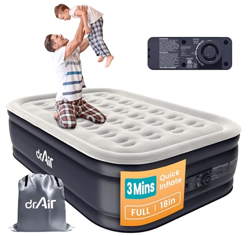Dr. air Full Air Mattress with Built-in Pump, 18' Raised Blow Up Mattress, 600 lbs Max Honeycomb Air Bed, 48Hr Leak-Proof Test, 3min Inflatable Mattress for Home, Guests, Camping, Colchones inflables