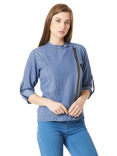 Image of Miss Chase Women's Polo Neck Full Sleeves Patch Pocket Denim Overcoat Knee-Length Jacket