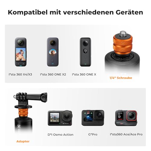 K&F CONCEPT MS21 Selfie Stick Stativ, 120 cm Insta360 Selfie Stick, Unsichtbarer Selfie-Stick mit Adapter,Ausziehbar Selfiestick für Insta 360 X5//X4/X3/Ace Pro, Osmo Pocket 3/4, Action Kamera Zubehör 3