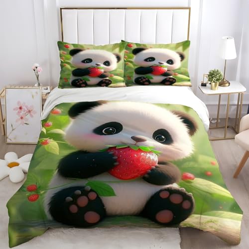 Panda Funda Edredon Microfibra Fresa Ropa de Cama 3 Piezas Fundas Nórdicas 135x190 y 2 Fundas de Almohada 50x75 cm con Cremallera Oculta
