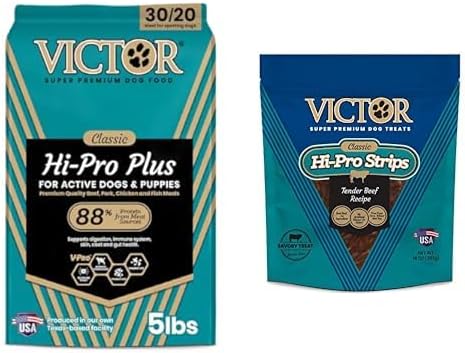 VICTOR Super Premium Dog Food – Hi-Pro Plus Dry Kibble & Classic Hi-Pro Savory Strips with Real Beef – Kibble 5lbs & Treats