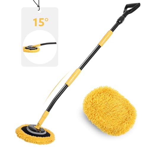 While 15° Curved Car Wash Tool with 53 Extendable Handle, Chenille Car Washing Tool and Cleaning Brush for Cars RV Truck SUV Boat