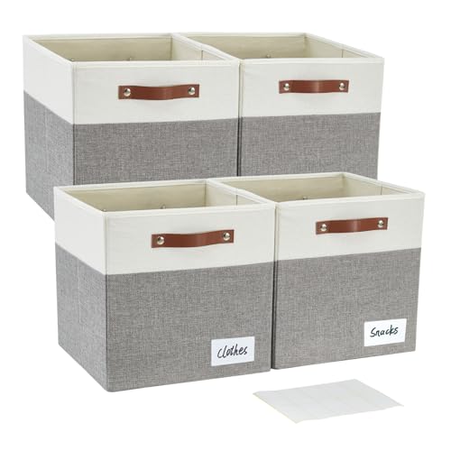 Collapsible Fabric Storage Cube Bins with 2 Reinforced PU Handles, Foldable Storage Organizer Baskets for Closet, Shelves, Living Room | 13″x13″x13″, 4 Pack, Gray & White