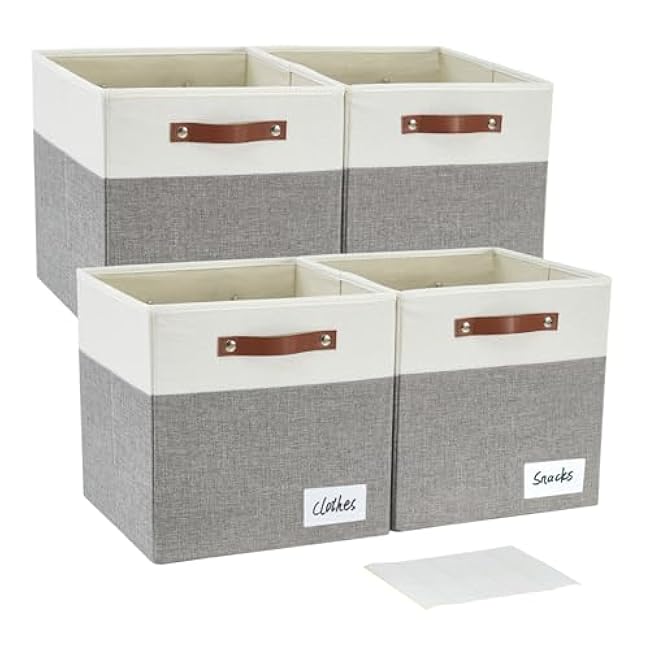 Collapsible Fabric Storage Cube Bins with 2 Reinforced PU Handles, Foldable Storage Organizer Baskets for Closet, Shelves, Living Room | 13x13x13, 4 Pack, Gray & White