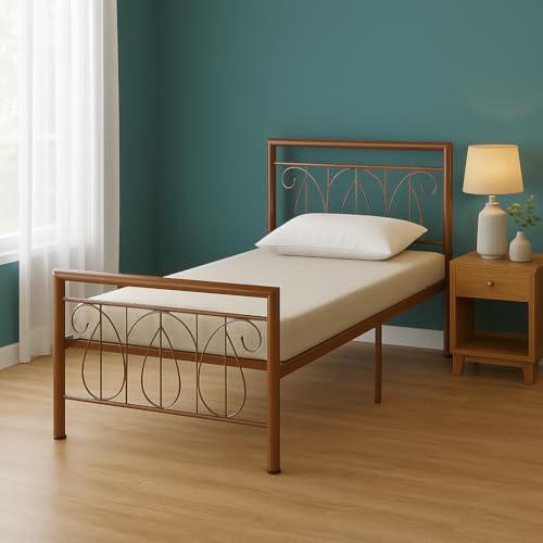 Image of Kovu Metal Single Size Bed Without Storage | Wrought Iron Single Bed with Headboard & Footboard| Sturdy Powder Coated Platform Cot for Bedroom, Living Room, (Kovu Brown)