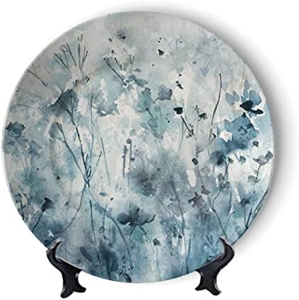 MIUO Art Watercolor Flower Decorative Plates Ceramic Wall Hanging Green Blue Colorful Painting Flower Vintage Plate Handmade Wedding Gifts Porcelain Plate
