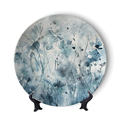Miuo Art Watercolor Flower Decorative Plates Ceramic Wall Hanging Green Blue Colorful Painting Flower Vintage Plate Handmade Wedding Gifts Porcelain Plate #TOP1