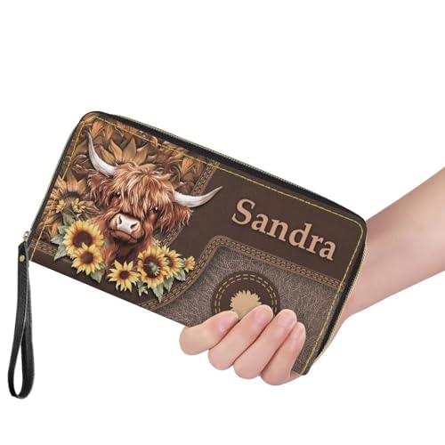 Image of Bulopur Womens Wallet Wristlet Custom Name Sunflower Highland Cow Print Slim Purse Wallet Small Wallets For Women Coin Purse Id Card Holder Clutch RFID Long Wallets With Slots Zipper Around