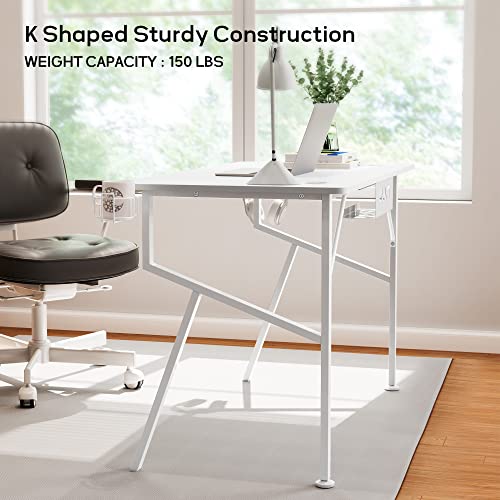 Ee Eureka Ergonomic Gaming Desk 47", Home Office K Shaped Gaming Desk Student Computer Worstation With Free Mouse Pad Cup Holder Headphone Hook Controller Stand, White #TOP2
